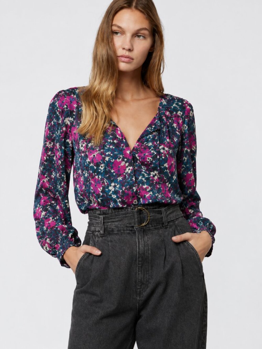 Joie Allover Floral Bishop Long-Sleeve Blouse Size S